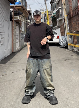 现货双色 grailz 反转阔腿直筒刷蜡做旧宽松牛仔裤baggy休闲长裤