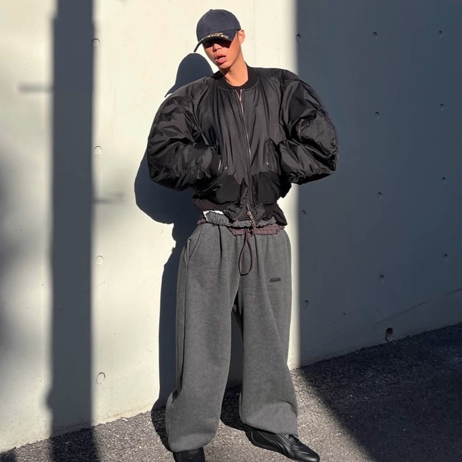 自主 Magliano 深灰棕色双腰设计感抽绳解构阔腿慵懒宽松加绒卫裤