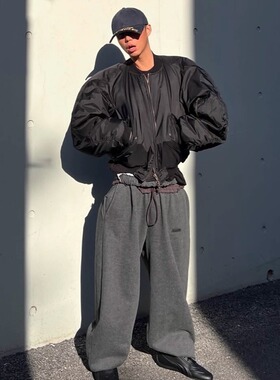 自主 Magliano 深灰棕色双腰设计感抽绳解构阔腿慵懒宽松加绒卫裤