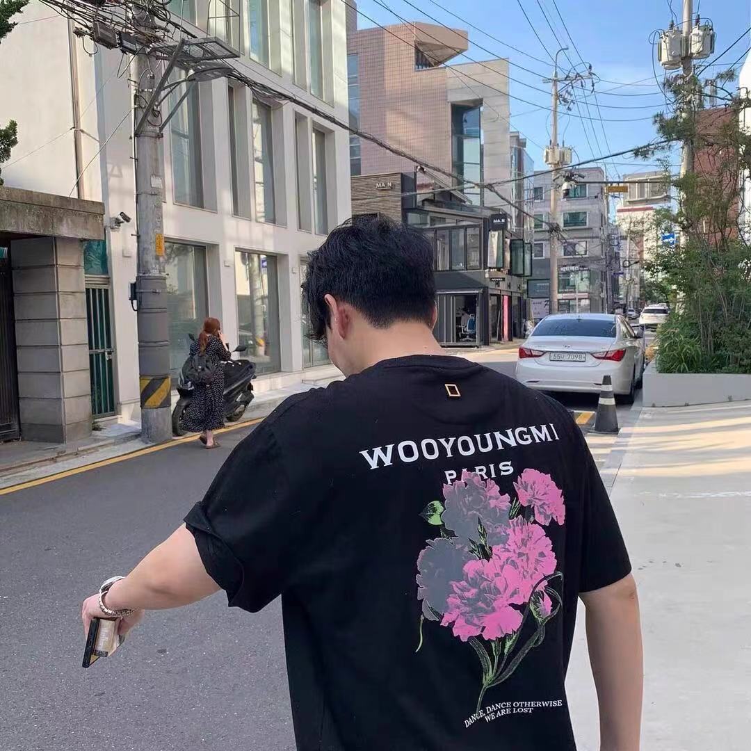 wooyonugmi WYM光感变色花朵3D刺绣标志短袖T恤男女情侣tee韩国潮