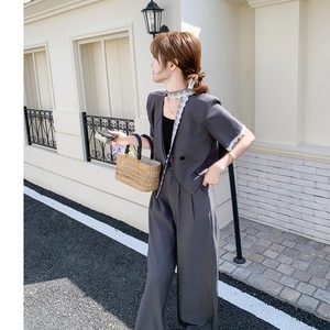 灰色飘带时尚西装阔腿裤套装女2025夏季新款高级感气质显瘦两件套，女装套装/套裙，乔安迪