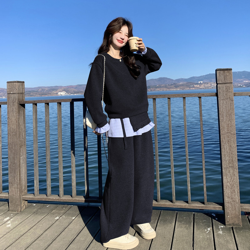 数据好现货8550-P215K308加绒格子拼接卫衣阔腿裤腰封三件套,女装运动套装,乔安迪