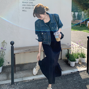 黑色背心连衣裙套装女2025春季新款韩系气质牛仔短外套长裙两件套图片