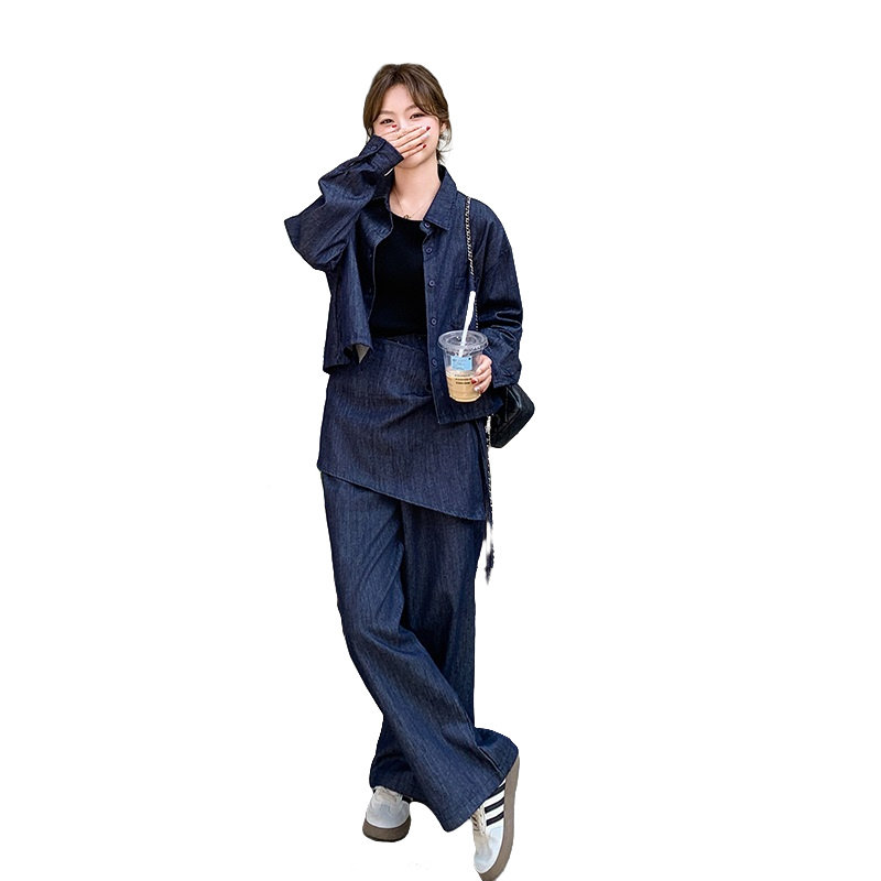 高级感牛仔衬衫套装2025春季新款韩系穿搭一整套叠穿阔腿裤三件套,女装套装/套裙,乔安迪