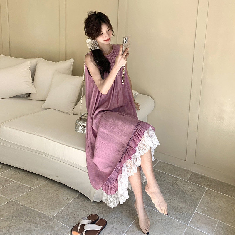 紫色无袖背心连衣裙女2025夏季新款法式超好看蕾丝拼接度假风长裙,女装连衣裙,乔安迪
