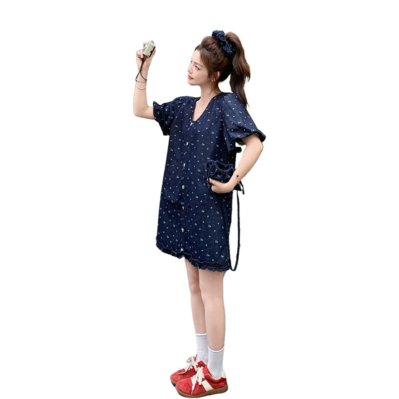 法式浪漫单排扣v领牛仔连衣裙女2025夏显瘦A字裙（送包包+发圈）,女装连衣裙,乔安迪