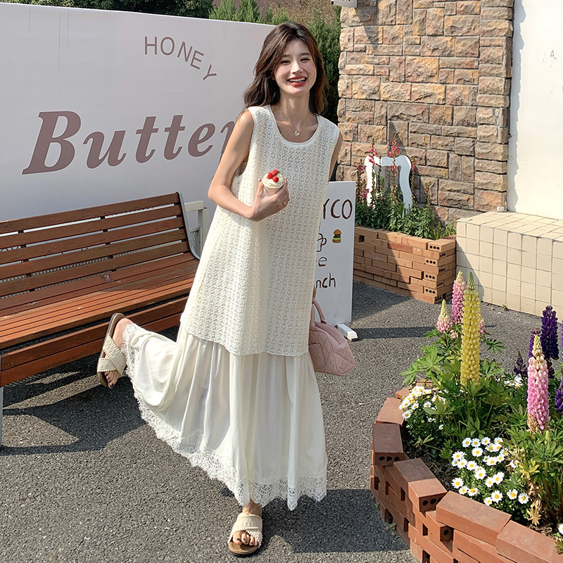 假两件蕾丝拼接米白色无袖连衣裙女夏甜美减龄无袖长裙气质温柔风,女装连衣裙,乔安迪