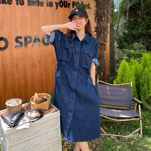 松弛感工装牛仔衬衫连衣裙女夏2025新款慵懒减龄独特漂亮洋气长裙,黄色衬衫衣服搭配什么颜色图片