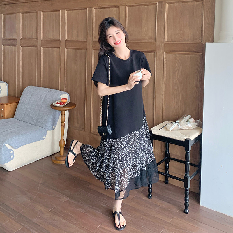 黑色碎花拼接连衣裙女2025夏季新款法式设计感宽松显瘦不规则长裙，女装连衣裙，乔安迪