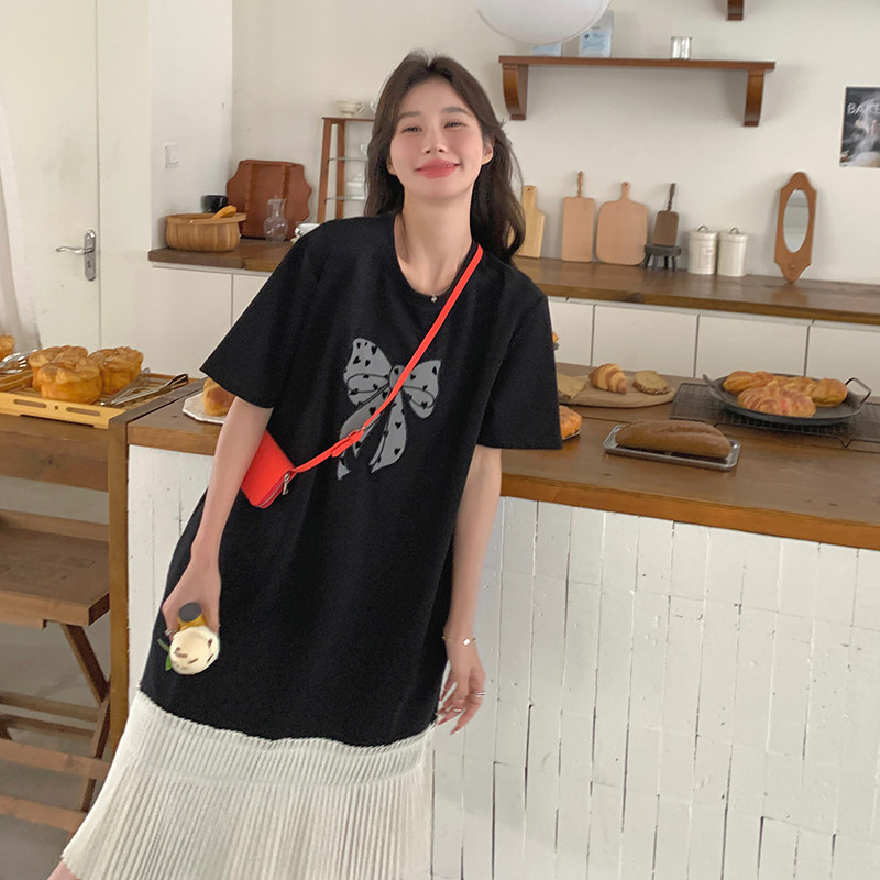 黑色设计感拼接连衣裙女2025夏季新款休闲宽松蝴蝶结中长T恤裙图片