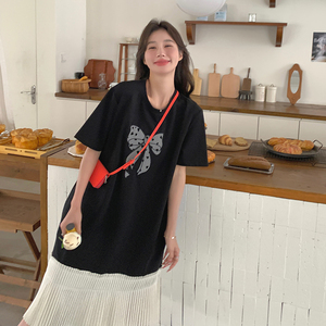 黑色设计感拼接连衣裙女2025夏季新款休闲宽松蝴蝶结中长T恤裙图片