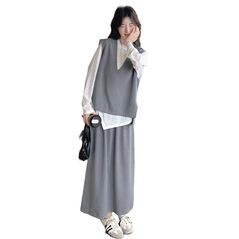 2025春秋新款显瘦马甲不规则上衣半身裙三件套女灰色休闲时尚套装,女装套装/套裙,乔安迪
