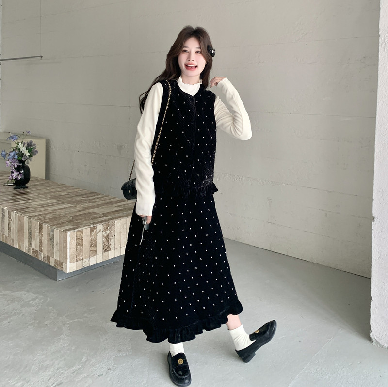 现货8556-P195K278丝绒钉珠马甲+半裙加厚两件套打底衫单批55,女装套装/套裙,乔安迪