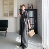 灰色飘带时尚西装阔腿裤套装女2025夏季新款高级感气质显瘦两件套，女装套装/套裙，乔安迪
