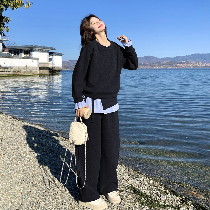 数据好现货8550-P215K308加绒格子拼接卫衣阔腿裤腰封三件套,女装运动套装,乔安迪