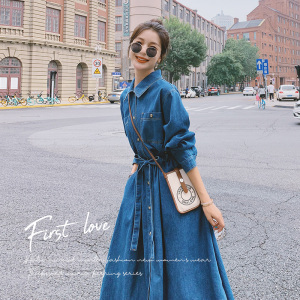 法式复古牛仔连衣裙女春秋2025新款气质高级感超好看衬衫连身长裙,女装连衣裙,乔安迪