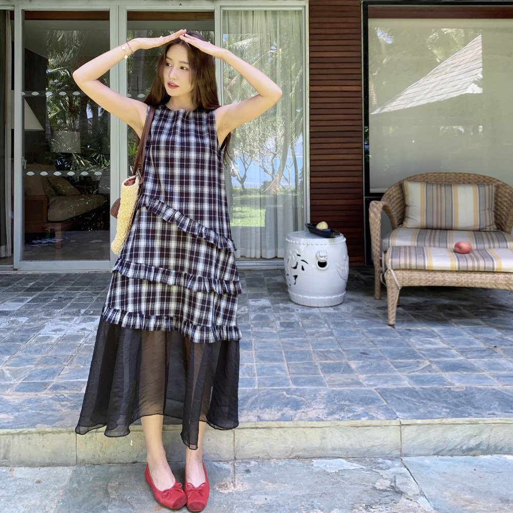 网纱拼接格子无袖连衣裙女2025夏季新款韩系百搭减龄休闲背心长裙,女装连衣裙,乔安迪
