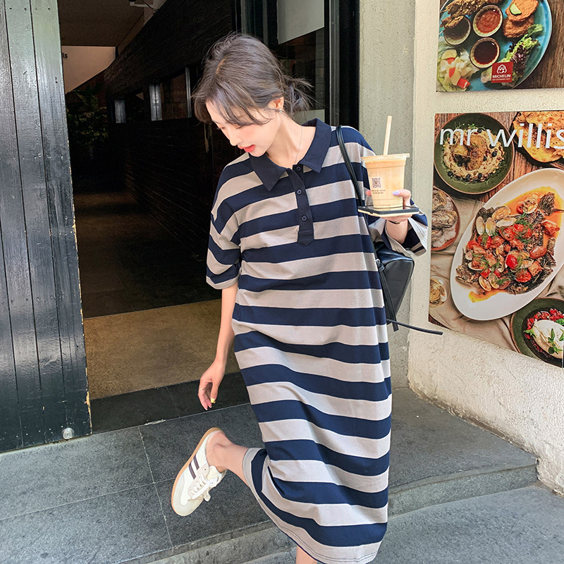 休闲条纹裙子polo连衣裙女夏季2025新款简约风气质衬衫裙宽松长裙,女装连衣裙,乔安迪