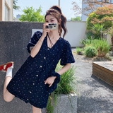 法式浪漫单排扣v领牛仔连衣裙女2025夏显瘦A字裙（送包包+发圈），女装连衣裙，乔安迪