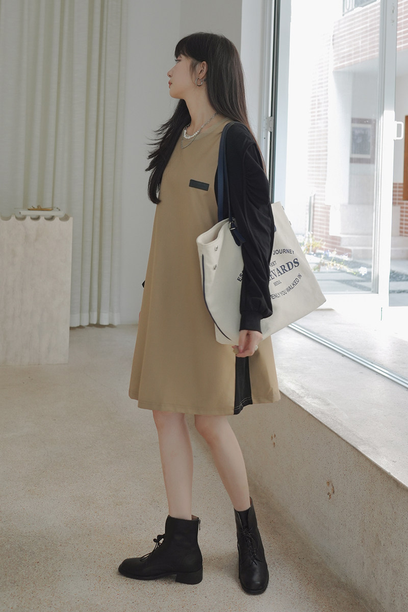 【22秋新款现货】卡其拼接版皮标连衣裙8635-P115-K168,女装连衣裙,乔安迪