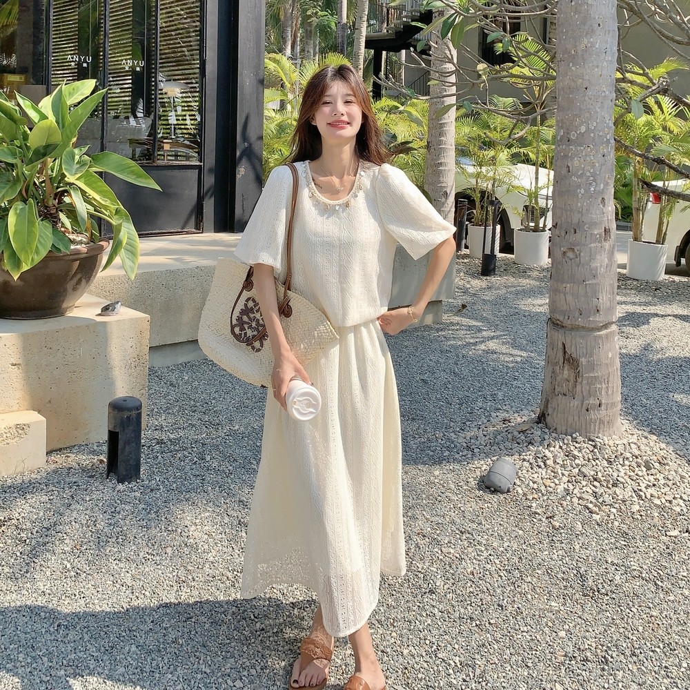 米白色蕾丝套装裙女2025夏季新款独特绝美泡泡袖上衣半身裙两件套,女装套装/套裙,乔安迪