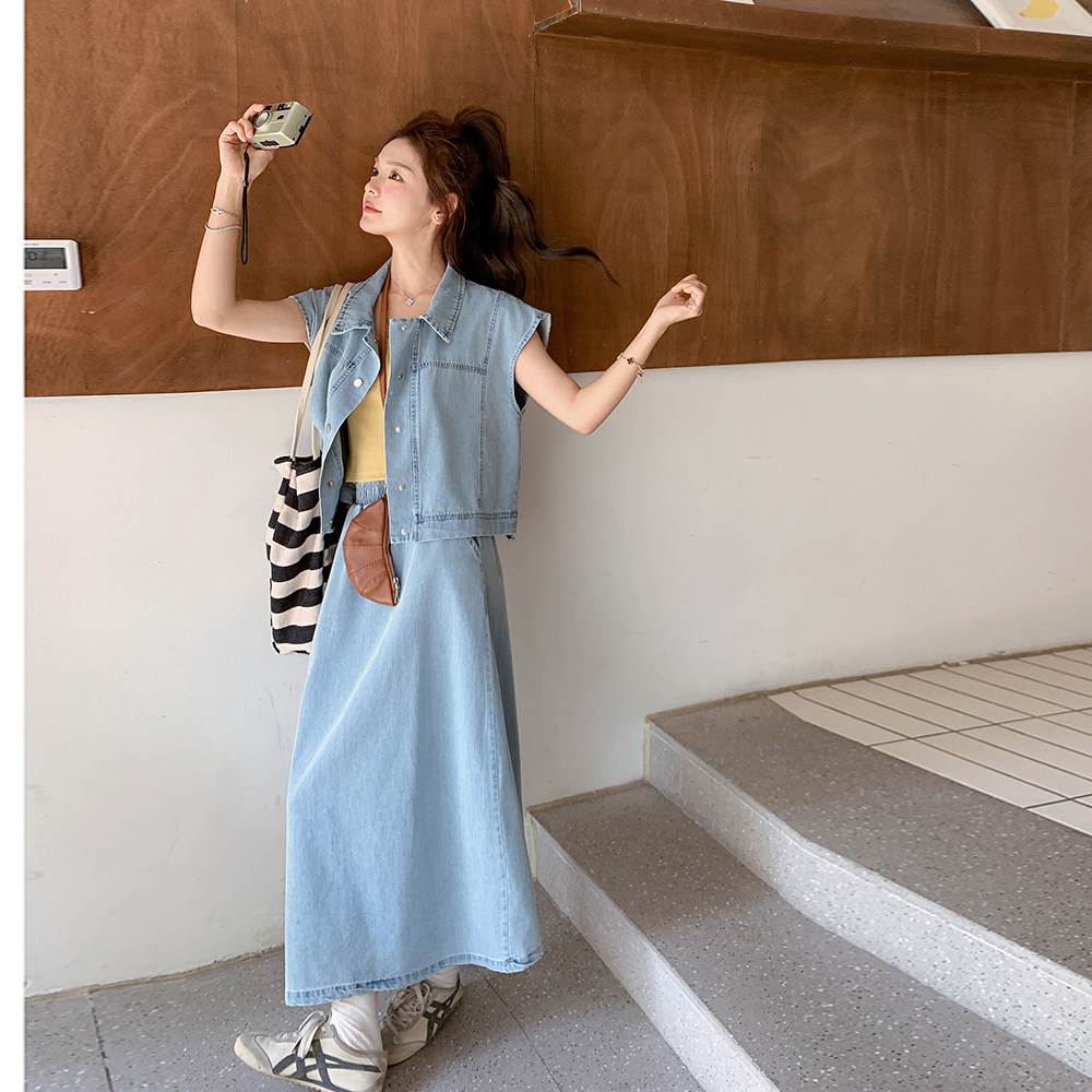 港风复古牛仔马甲套装裙女2025夏季新款超火减龄吊带半身裙三件套图片