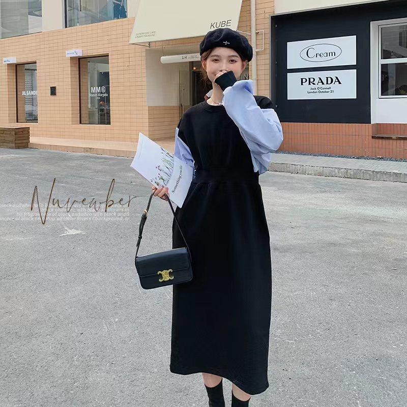 韩系减龄高级感撞色连衣裙女2025春秋季新款法式收腰显瘦卫衣长裙图片