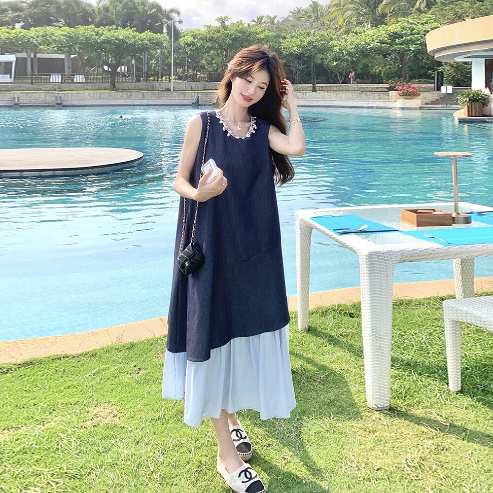 法式度假风拼色无袖连衣裙女2025夏季新款独特漂亮宽松显瘦背心裙图片