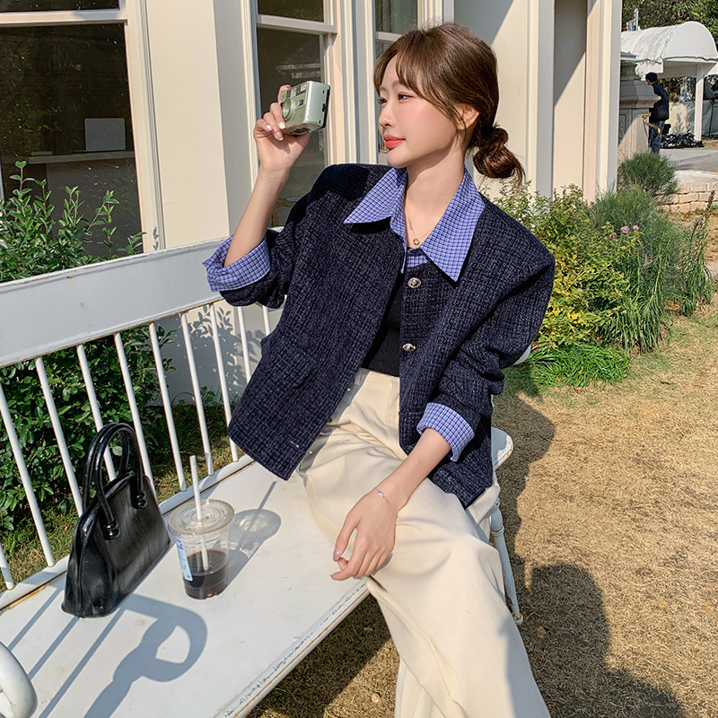 格子拼接假两件小香风外套女2025春季新款法式气质名媛高级感上衣,女装短外套,乔安迪