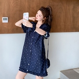 法式浪漫单排扣v领牛仔连衣裙女2025夏显瘦A字裙（送包包+发圈），女装连衣裙，乔安迪