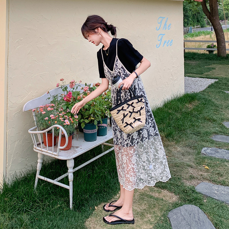 蕾丝网纱拼接吊带连衣裙女夏t恤裙小众设计感韩系爆款图片