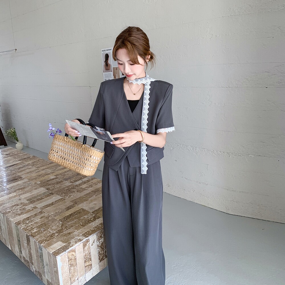 灰色飘带时尚西装阔腿裤套装女2025夏季新款高级感气质显瘦两件套,女装套装/套裙,乔安迪