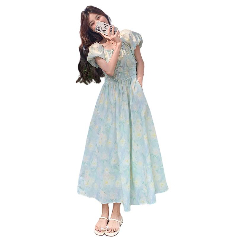 夏日甜美小清新碎花连衣裙女2025新款法式温柔收腰减龄泡泡袖长裙,女装连衣裙,乔安迪
