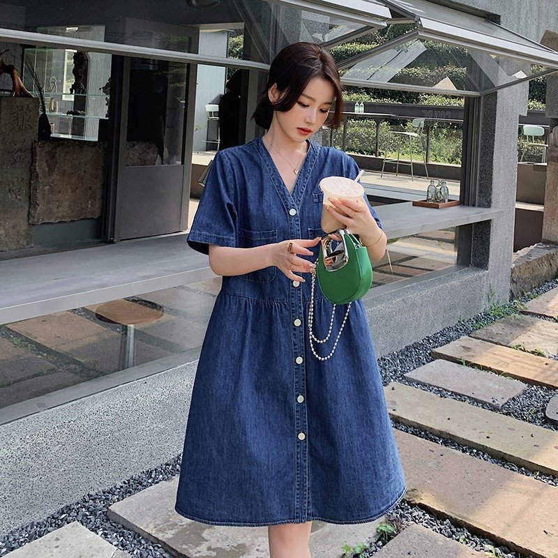 【】现货薄款大码V领宽松牛仔连衣裙2295-P95-K148,女装连衣裙,乔安迪