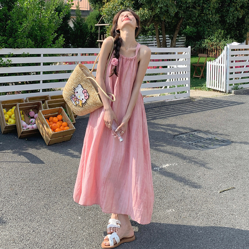 甜美减龄粉色无袖连衣裙女夏2025新款法式温柔风显瘦海边度假长裙,女装连衣裙,乔安迪