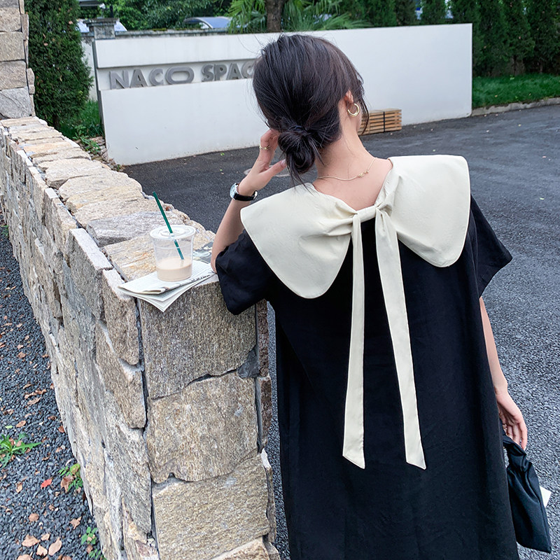 小个子学院风小黑裙休闲宽松显瘦甜美初恋娃娃领连衣裙女夏高级感,女装连衣裙,乔安迪