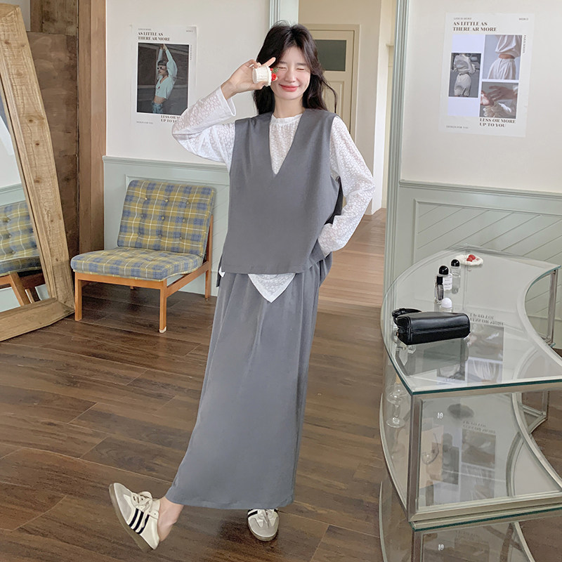 2025春秋新款显瘦马甲不规则上衣半身裙三件套女灰色休闲时尚套装,女装套装/套裙,乔安迪