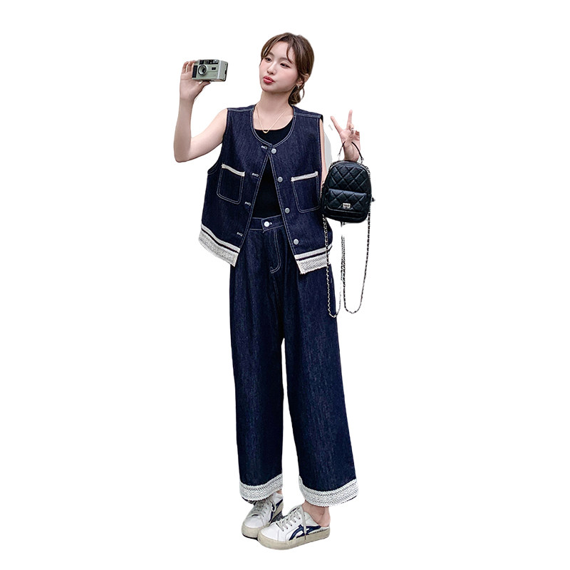 蕾丝拼接牛仔马甲阔腿裤套装女2025年夏季新款超火ootd穿搭两件套,女装套装/套裙,乔安迪