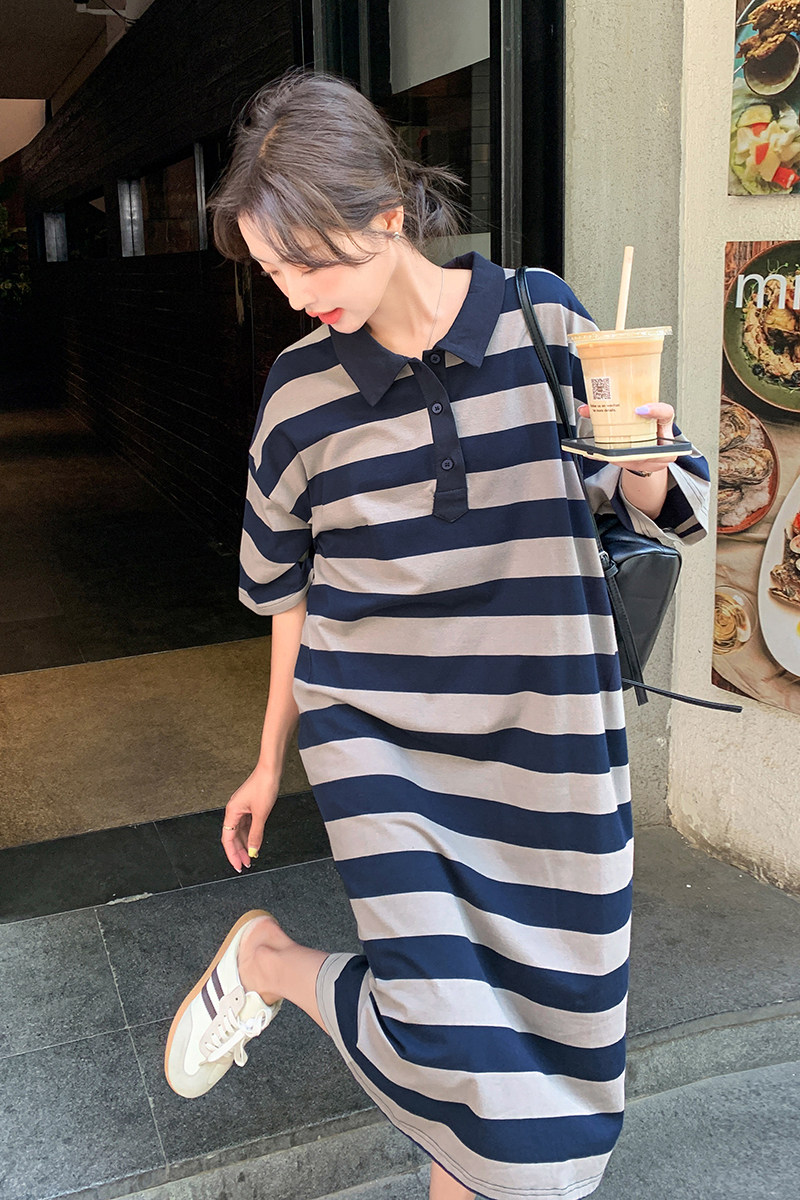 休闲条纹裙子polo连衣裙女夏季2025新款简约风气质衬衫裙宽松长裙,女装连衣裙,乔安迪