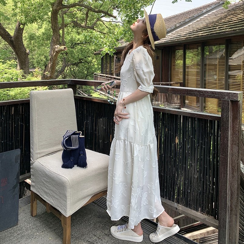 小众设计少女茶歇法式连衣裙2025新款女夏季印花气质初恋白色长裙,女装,乔安迪