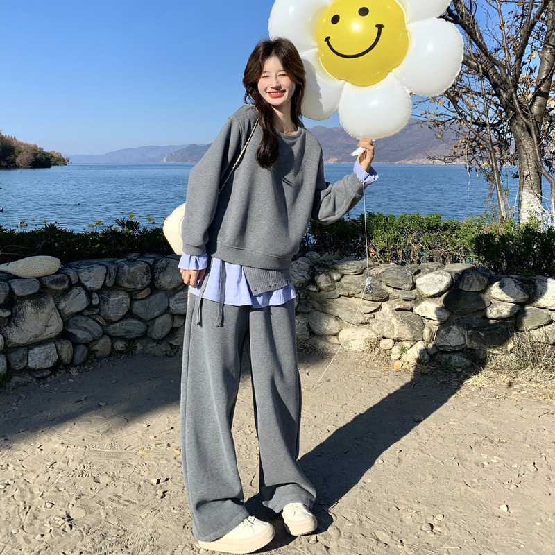 数据好现货8550-P215K308加绒格子拼接卫衣阔腿裤腰封三件套,女装运动套装,乔安迪