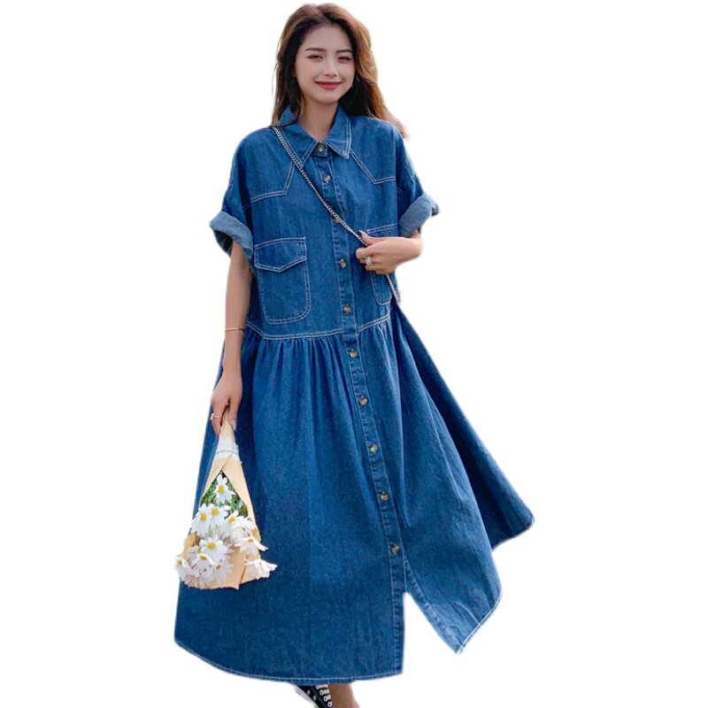 高级感牛仔连衣裙女夏宽松显瘦2025新款大码港风衬衫长裙小众设计,女装连衣裙,乔安迪