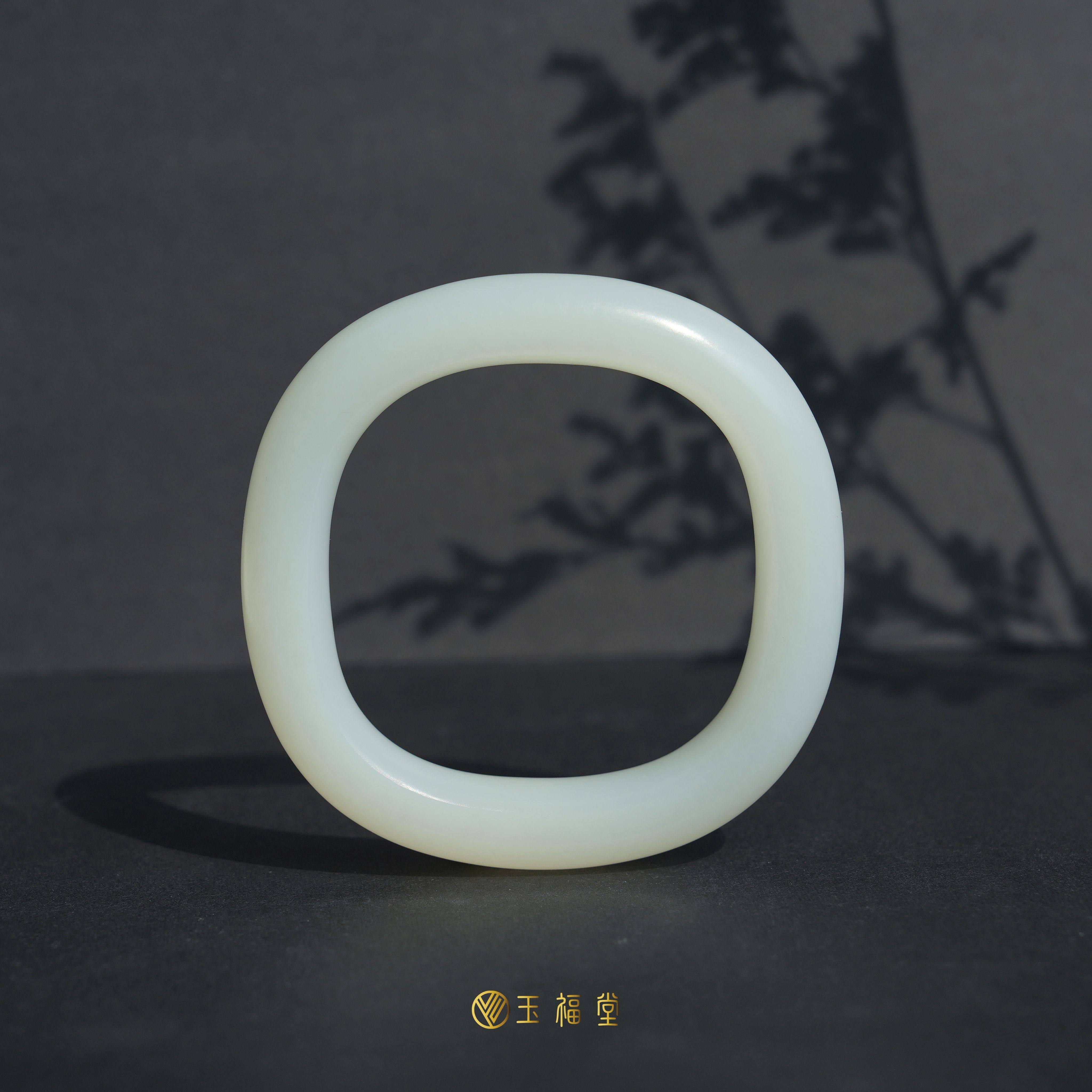 玉福堂|新疆和田玉且末料脂白玉镯方镯 藏品55-56mm