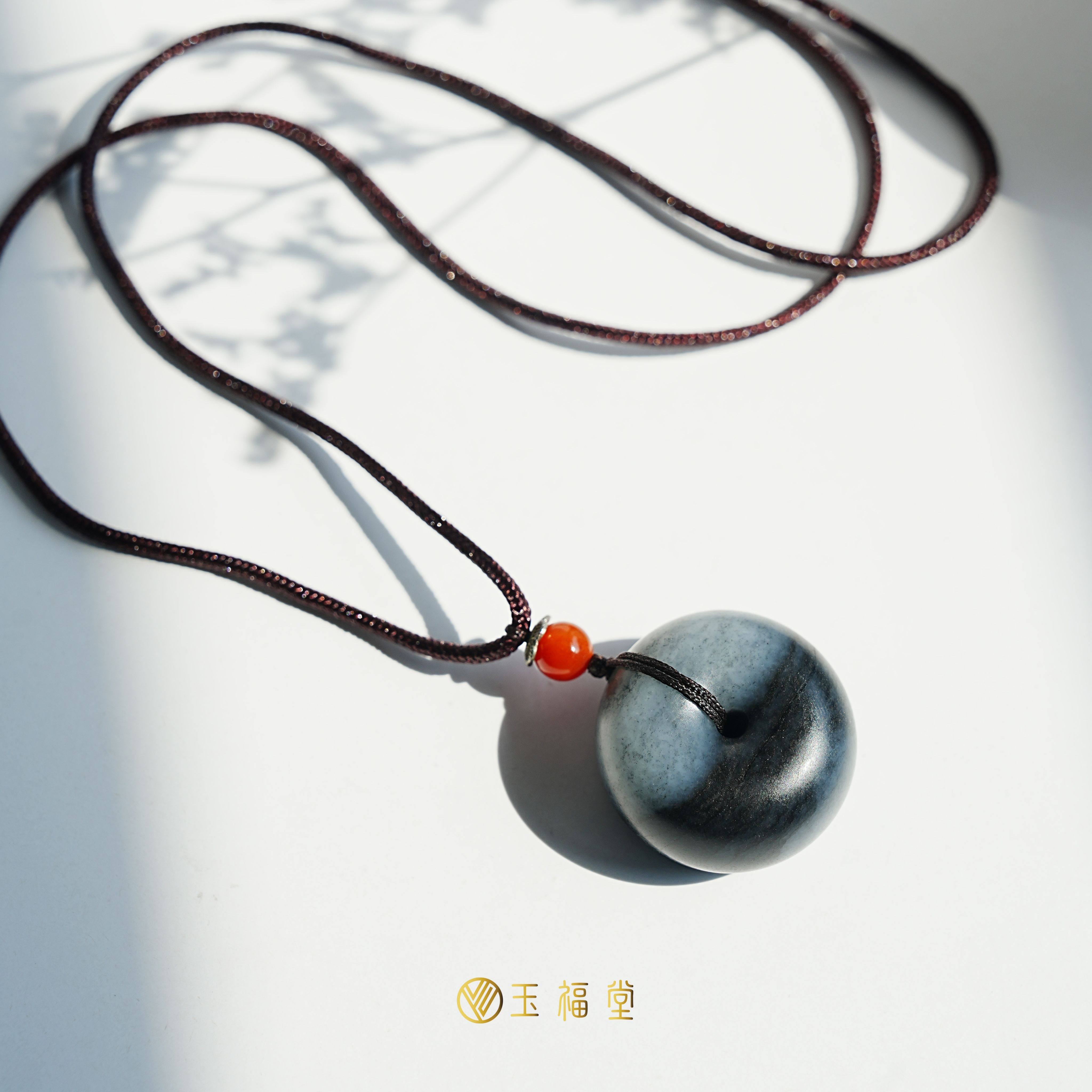玉福堂|新疆和田玉和田籽|青花籽|平安扣挂件|聚墨半山水玉扣玉坠