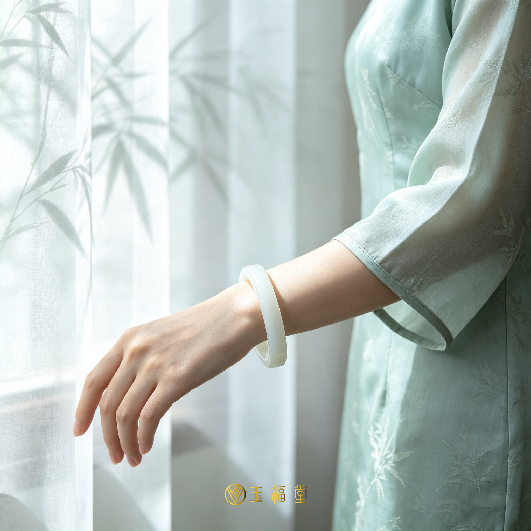 玉福堂 | 新疆且末和田玉白镯 | 直切细条玉镯手镯58mm