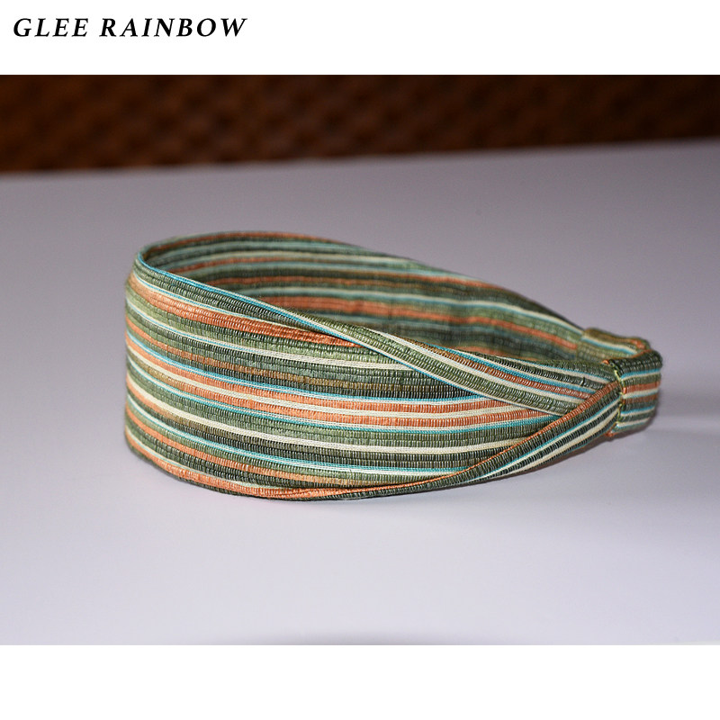 Glee rainbow时髦绿橙彩色条纹重磅真丝条纹肌理混织头箍发带