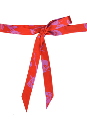 GLEE RAINBOW 正红玫瑰与骷髅真丝缎印花超细丝巾 飘带