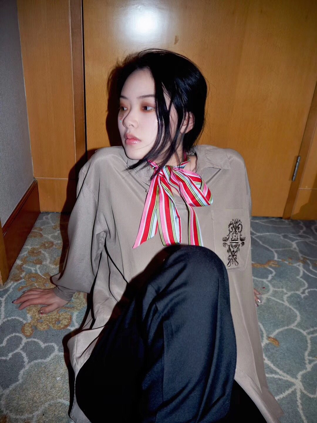 glee rainbow春夏红绿撞色时髦条纹真丝丝巾飘带绑包丝巾