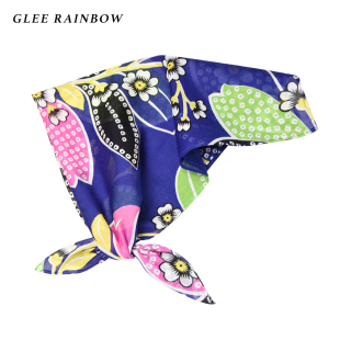Glee rainbow地中海蓝波点花朵薄款细格亚麻印花沙滩方巾围巾