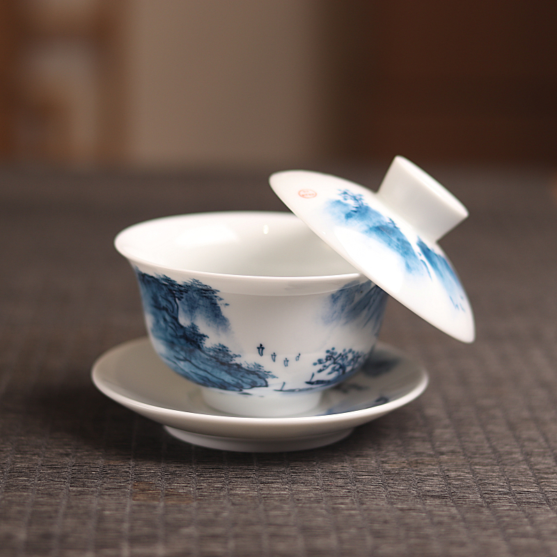 悬停纯手绘精美高温釉下彩三才盖碗青花山水现代白瓷盖碗陶瓷茶具